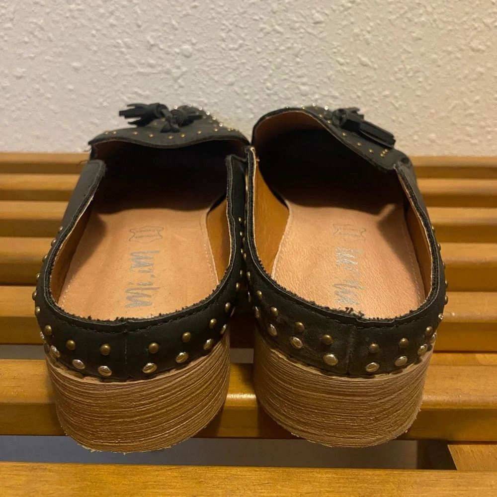 Mi.iM Black Leather Slide Mule with Studs and Tassles - Picture 2 of 6